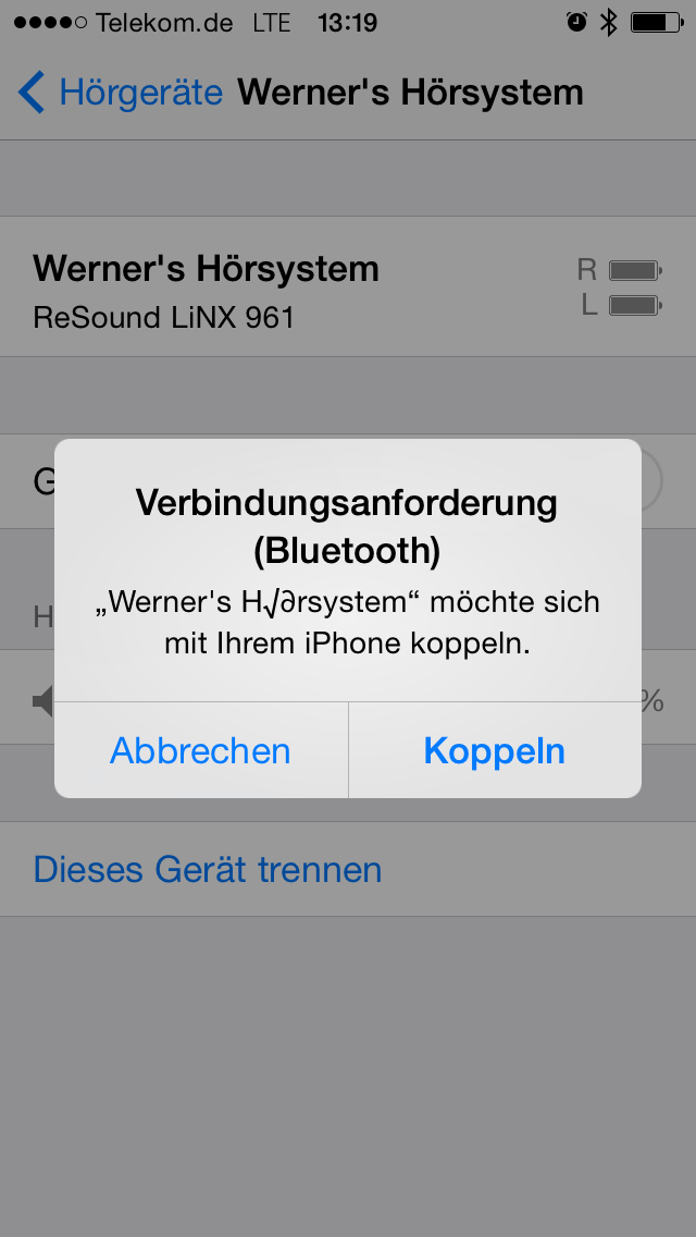 Der Kopplungsbildschirm in iOS 7.1 zum Koppeln von Hörgeräten mit dem iPhone